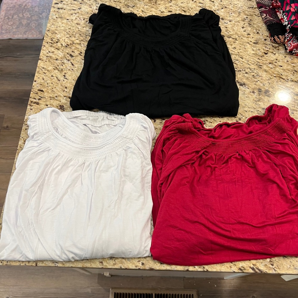 Lot of 3 Peasant Blouses Black White Red Smocked Neck M7L001 Large